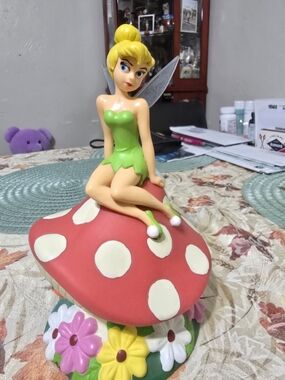 Tinker Bell Figurine on Red Polka Dot Mushroom - Green Outfit